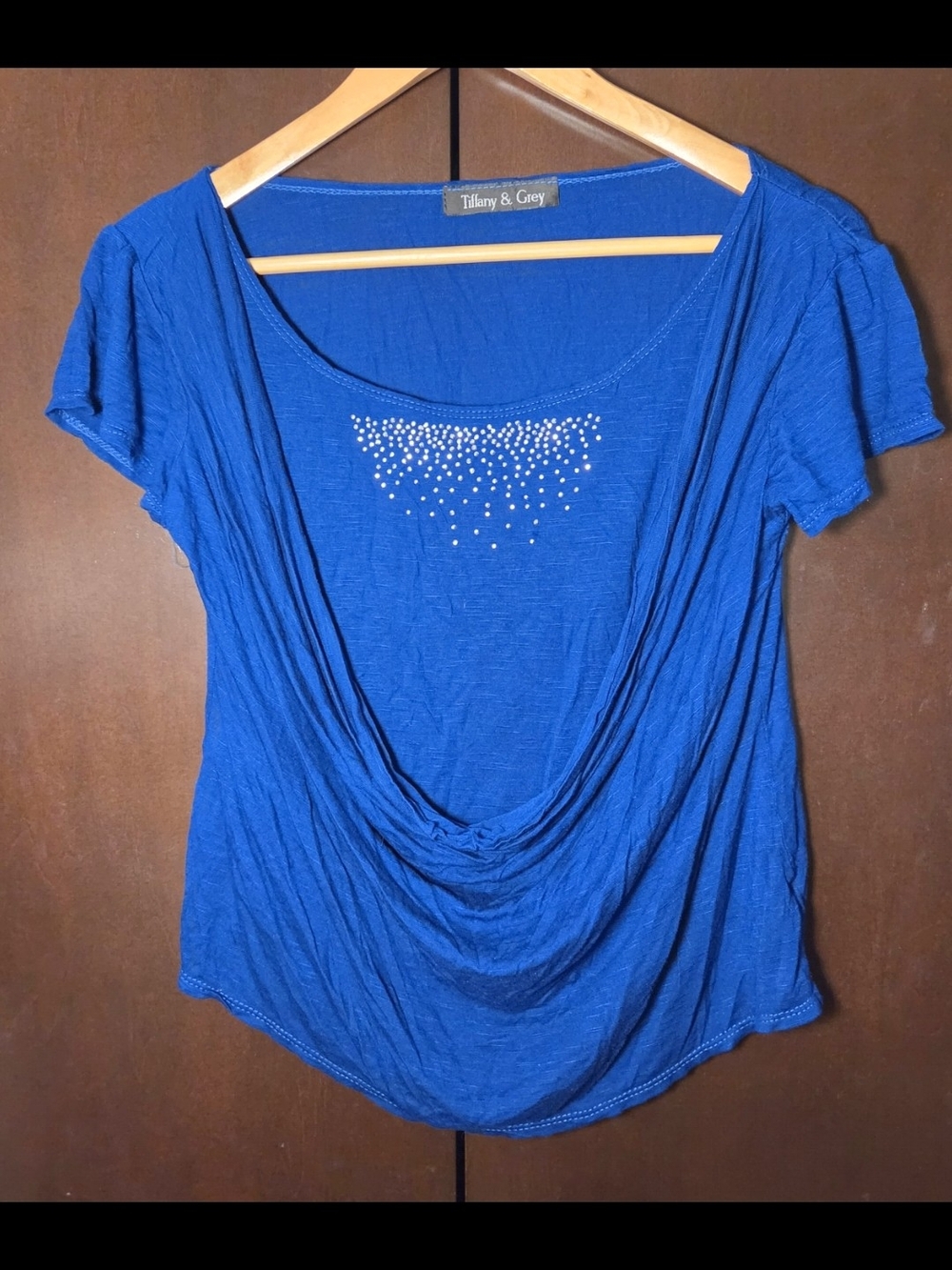 Blue Draped Neck Short Sleeve Top Women Size Medium Juniors'